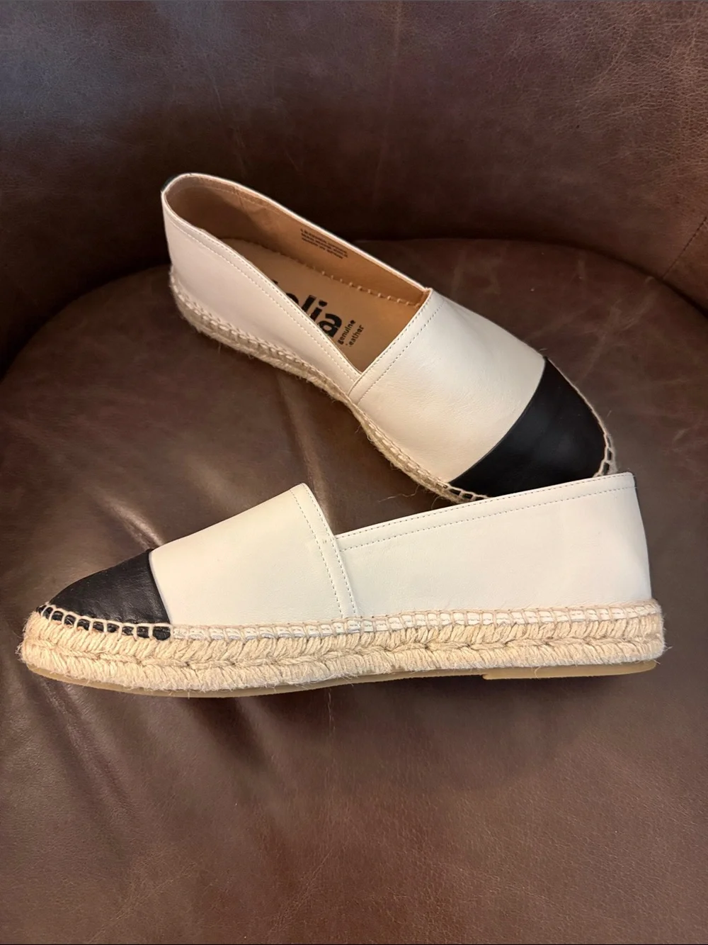 Juteria Two-Tone Leather Espadrille Slip-Ons in White and Black